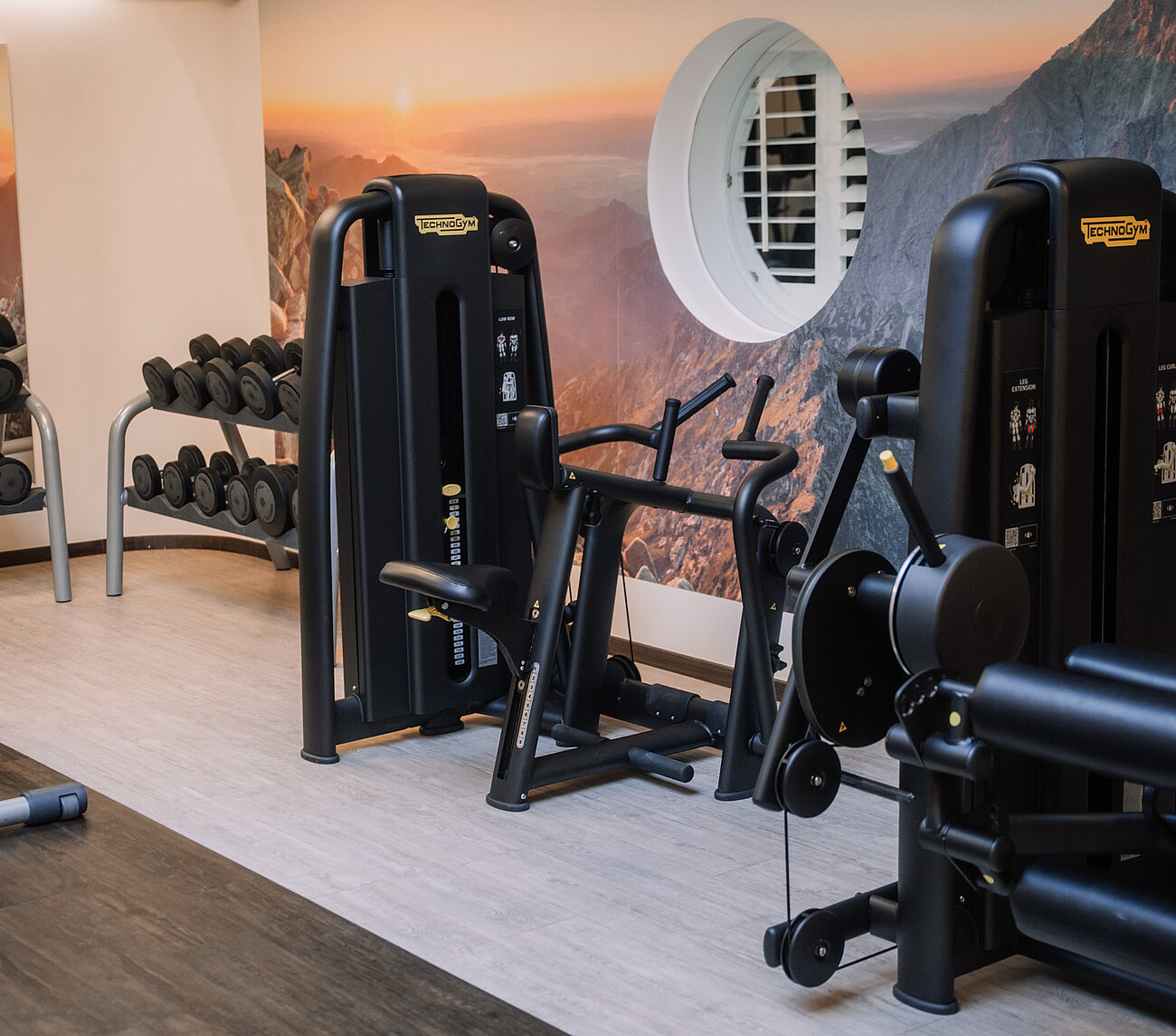 Hantelbereich mit Kurzhanteln und Kraftgeräten im Fitnessraum des Resorts