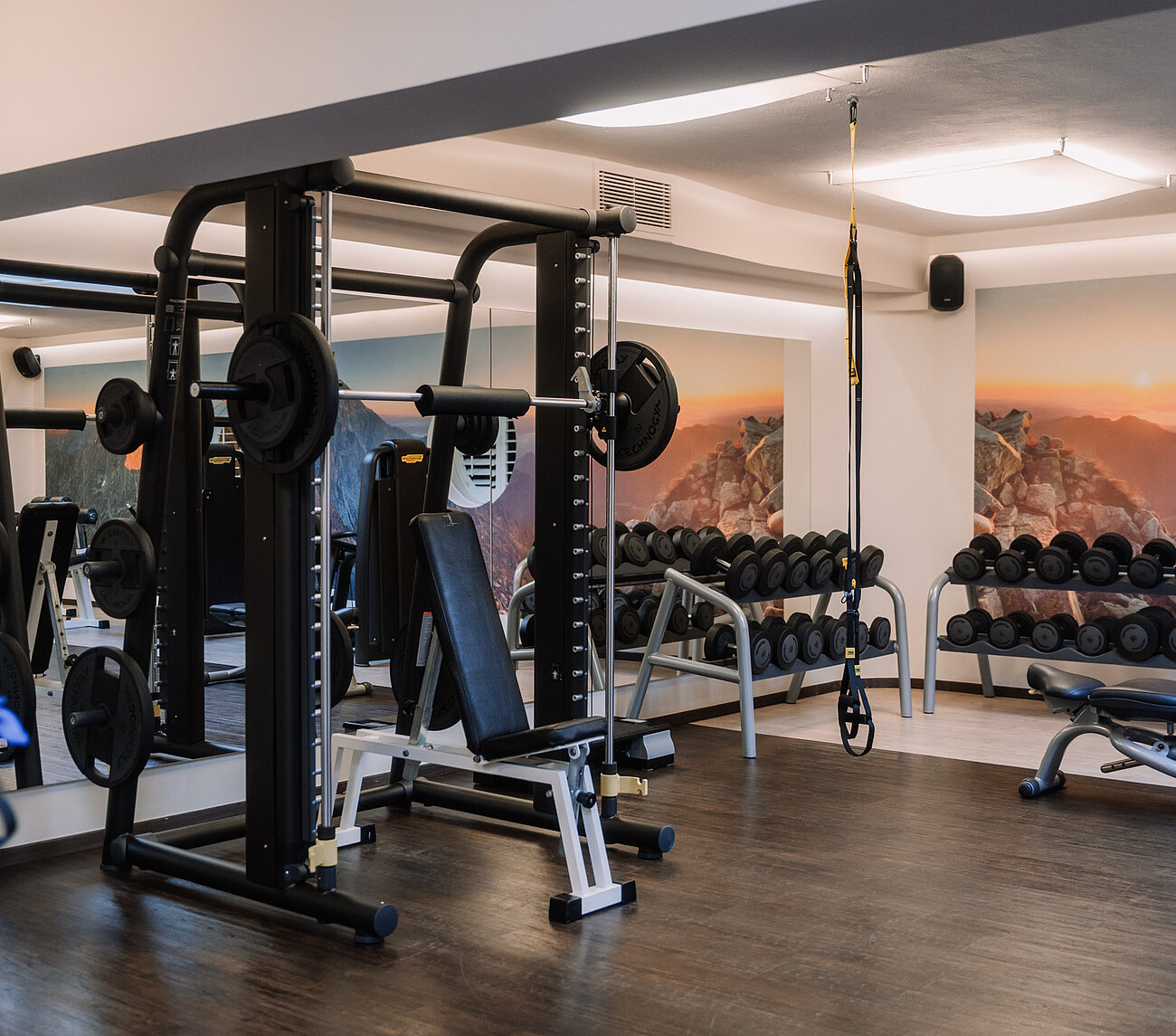 Fitnessraum mit Kraftstation, Hantelbank und TRX-Bändern im Hotel in Salzburg